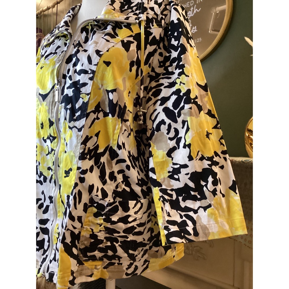 Erin London Womens XL Yellow Floral Abstract Full Zip Jacket 3/4 Sleeve Cotton - Picture 3 of 6